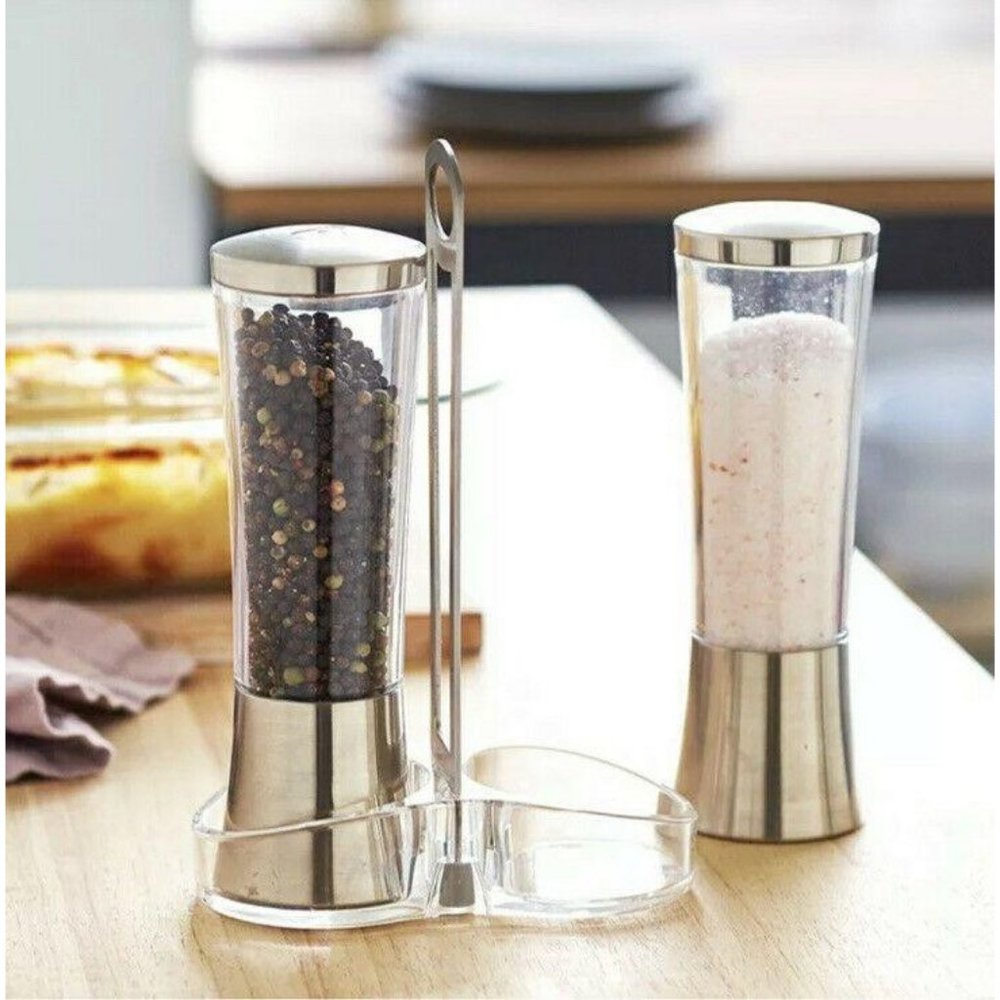 Pampered Chef SALT & PEPPER GRINDER SET w/stand ba
